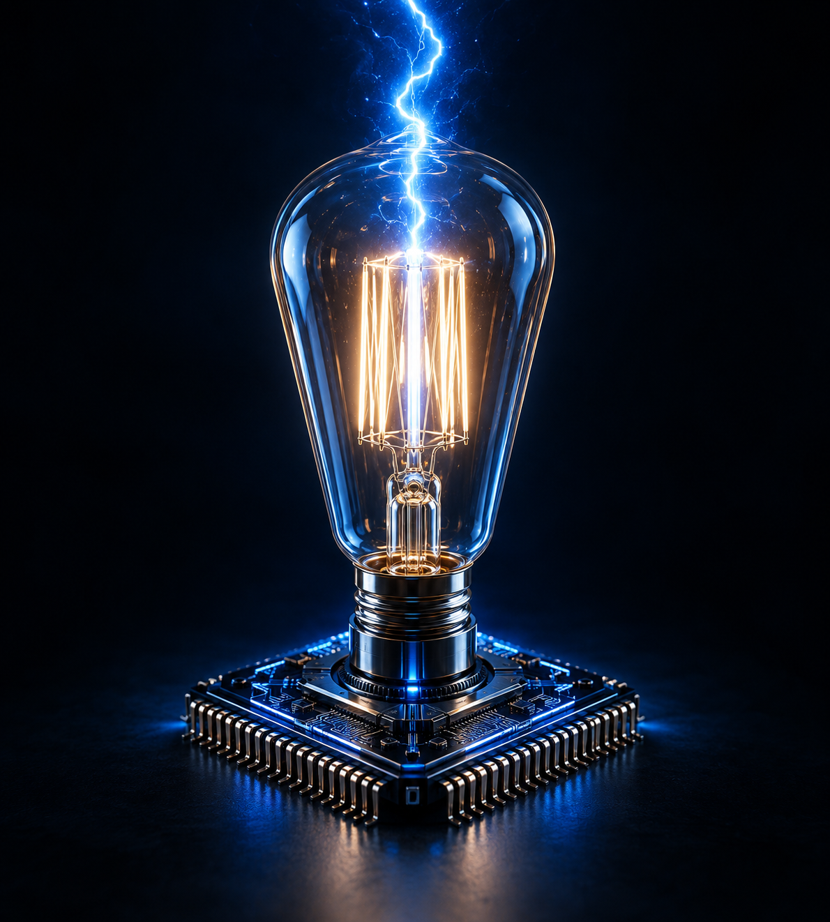 Edison bulb rising from a neural processor, with electric-blue lightning emerging from its glowing filament.